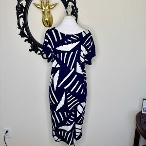 Lauren by Ralph Lauren Midi Navy and White Patterned Women's Short Sleeves Dress